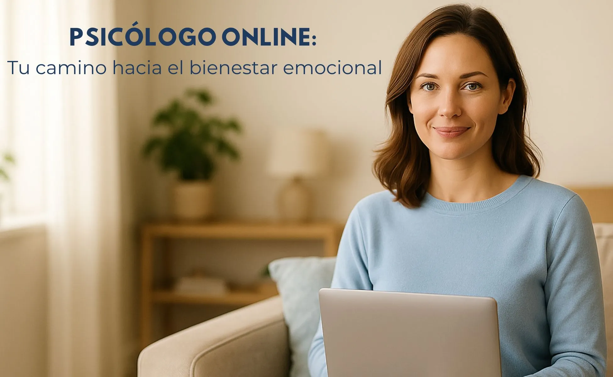 Mujer sonriente con portátil participando en sesión de psicólogo online, en un entorno acogedor que transmite confianza y bienestar emocional.